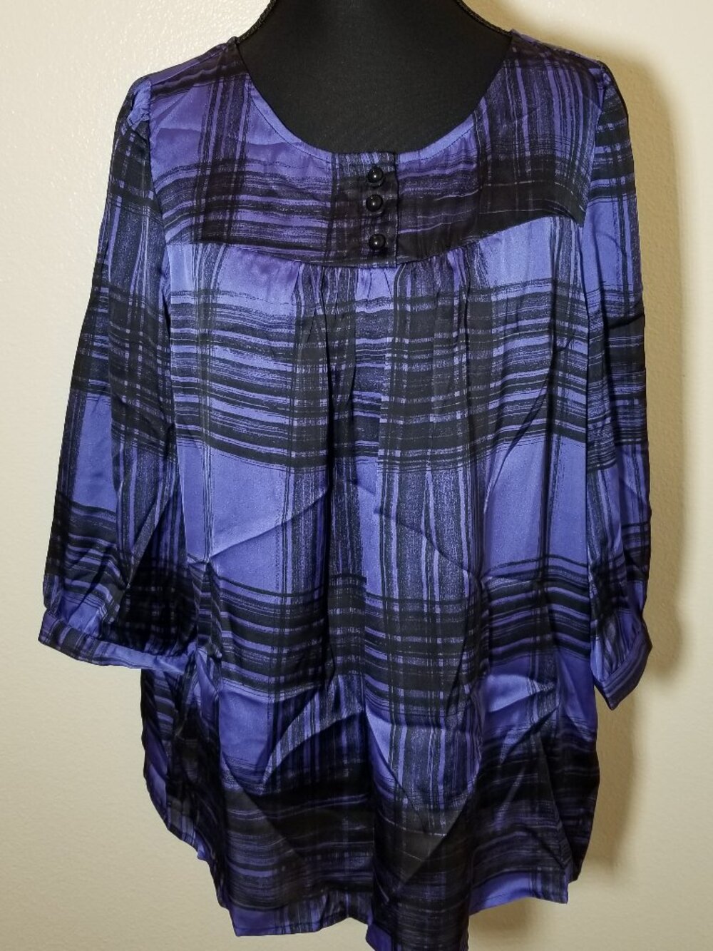 Susan Graver Womens Medium Purple Plaid 3/4 Sleeve Blouse‎ Retro Office Party